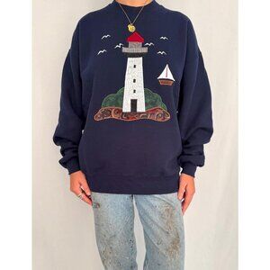 90s vintage blue lighthouse coastal boat graphic pullover crewneck sweatshirt